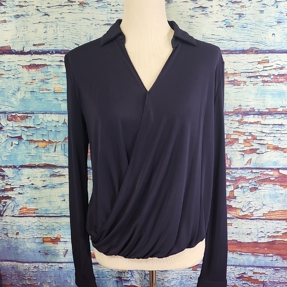 Ann Taylor Blue Notched Collar Wrap Blouse